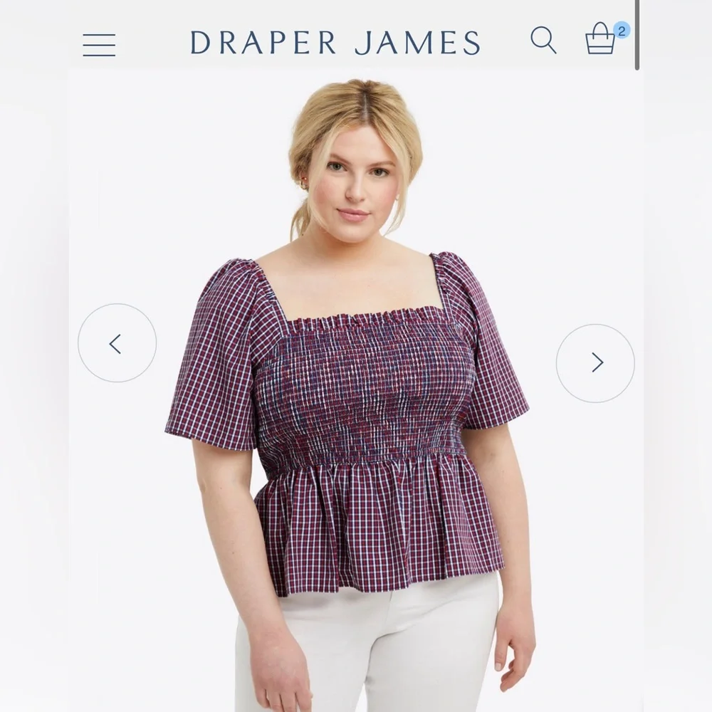 Draper James Deana Smocked Top in Blue and Red Picnic Plaid - Picture 1 of 4